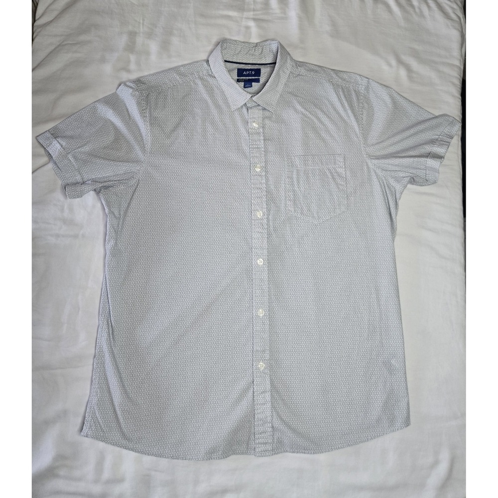 APT.9 Premier Flex Men's Short Sleeve Geometric Button-Up Shirt White Navy L